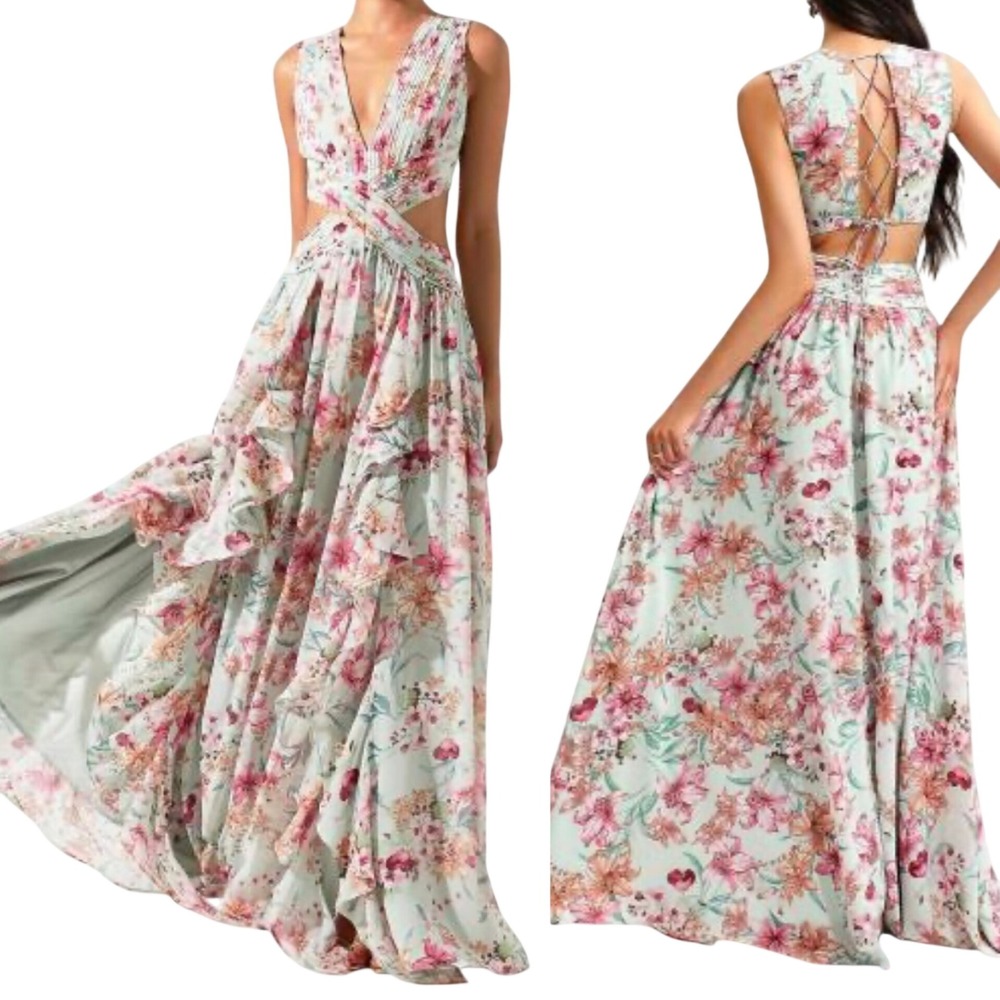 Floral Wrap-Front Maxi Dress in Mint with Pink Bloom